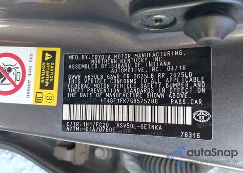 2016 Toyota Camry Le z USA, uszkodzony, nr VIN 4T4BF1FK7GR575786